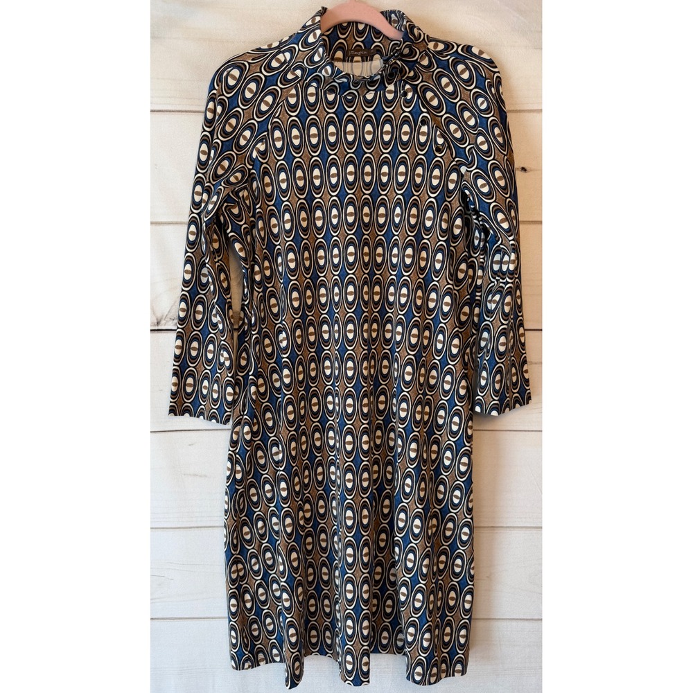 J.McLaughlin Blue Brown Geometric Oval Print Mock Neck Shift Dress M